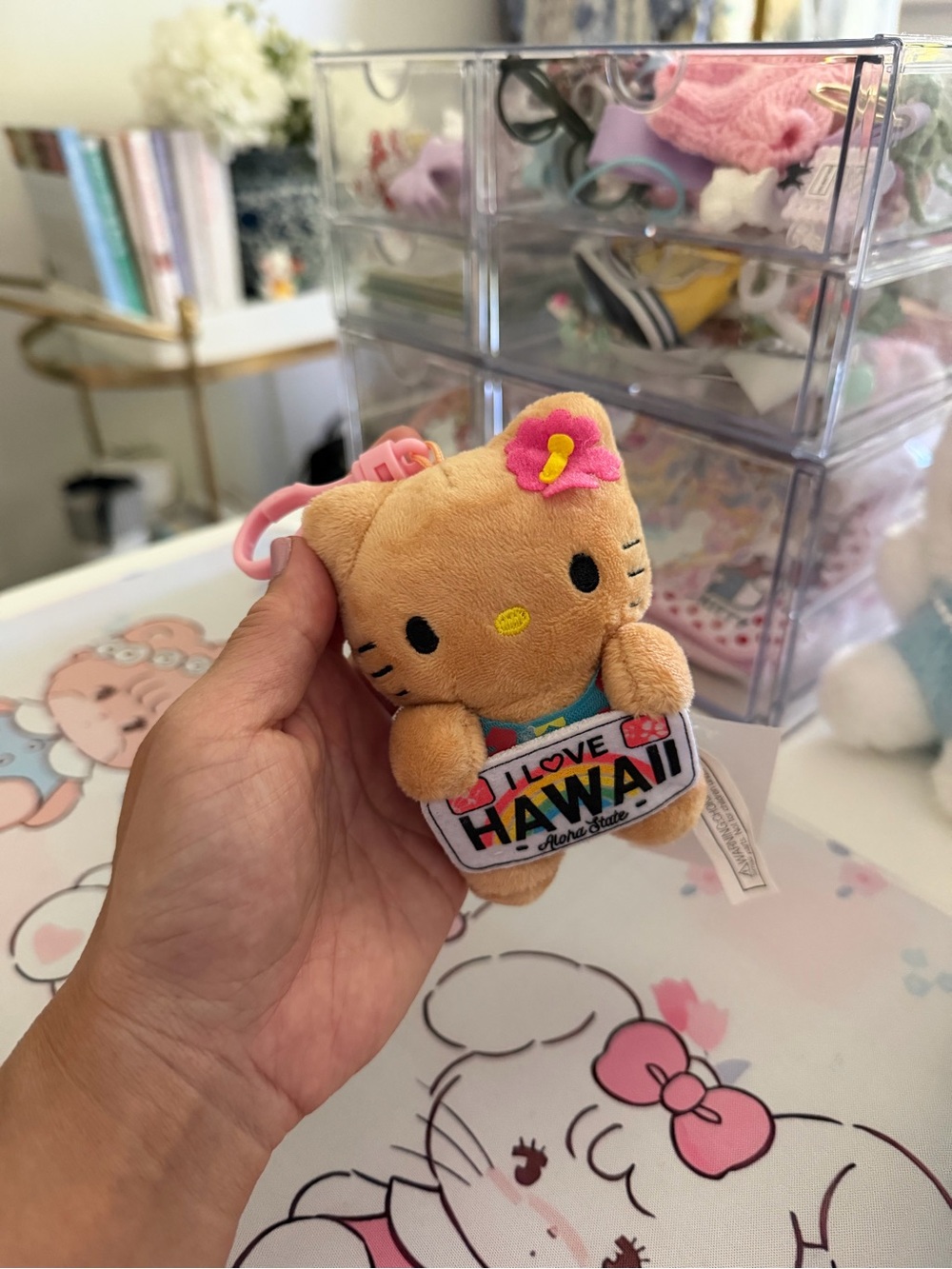 Sanrio Hello Kitty Tan Plush Keychain with Pink Flower